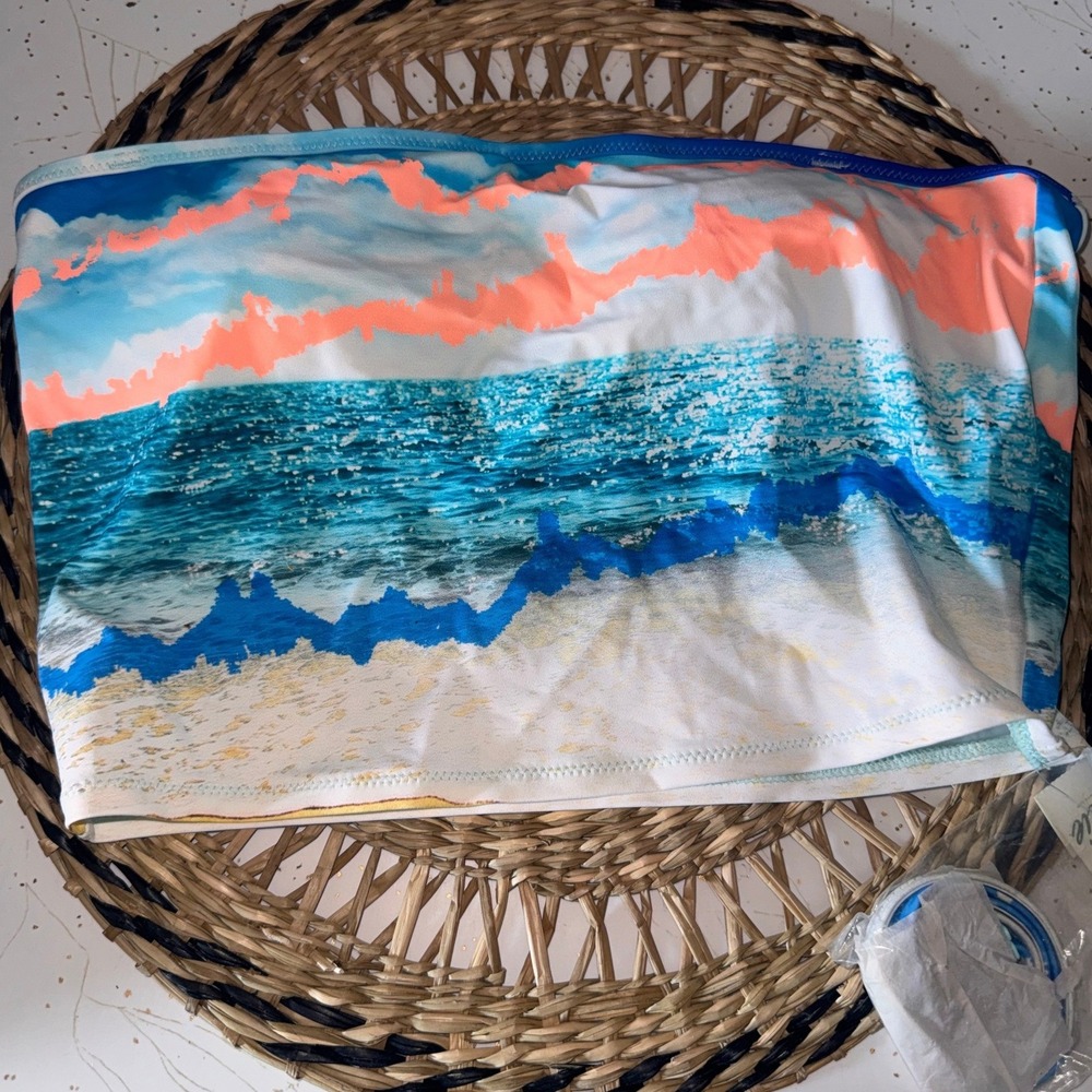 Aerie Beach Scene Print Bandeau Bikini Top Blue Orange Strapless Small NWT